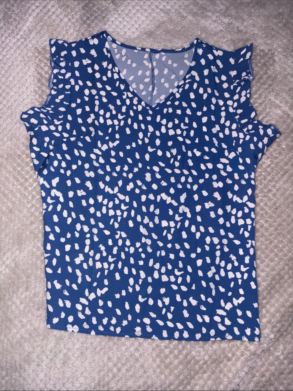 Women’s Blue and White Flutter Sleeve V-Neck Top